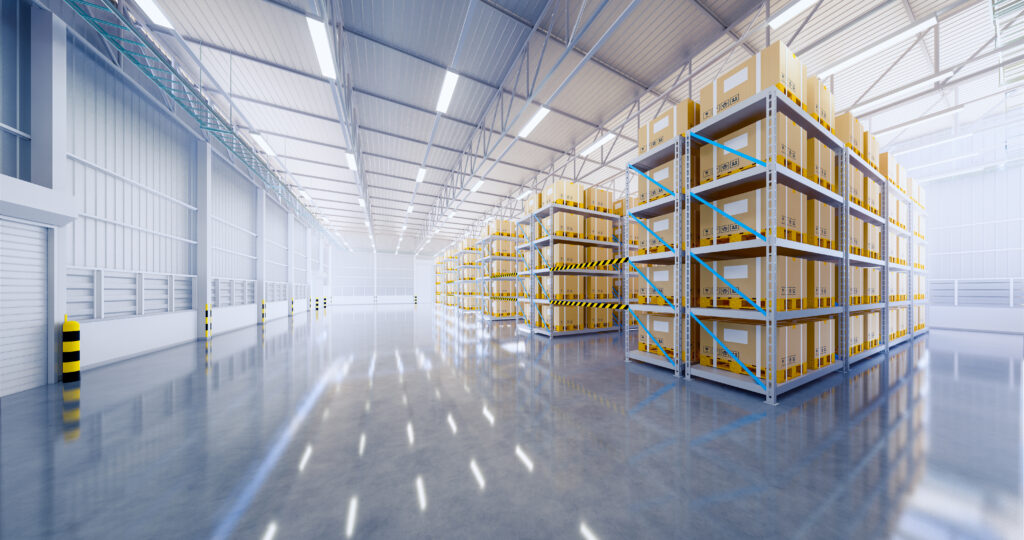 3d rendering of warehouse building and box packaging in shelf suitable for industrial background.