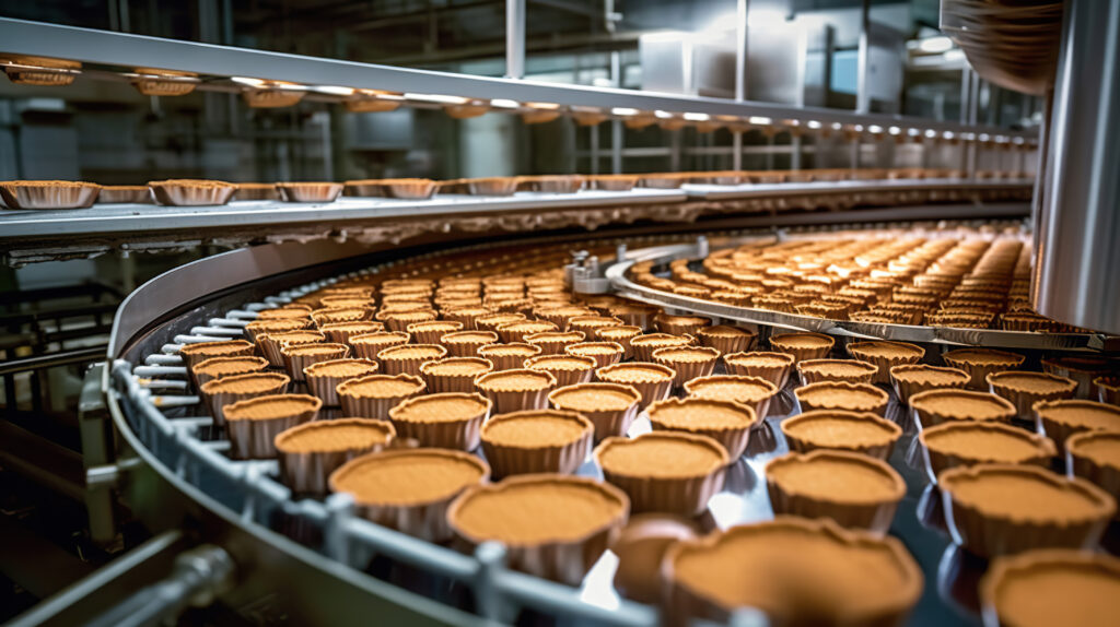 Cakes on automated round conveyor machine in bakery food factory, production line. Generative Ai