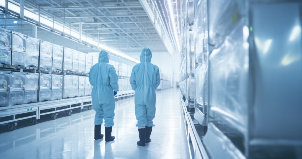Workers in cold storage suits, managing frozen products in a vast refrigerated warehouse